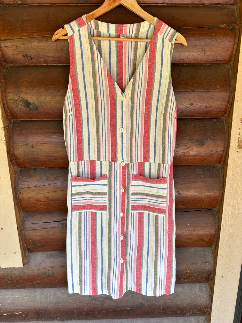 Multicolored Button-Front Striped linen blend Dress with patch pockets